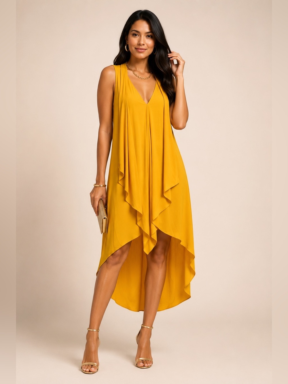 BCBGMAXAZRIA Mustard Yellow Sleeveless Draped High Low Midi Dress Size M